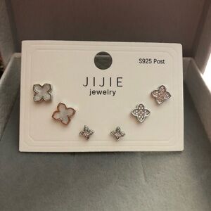 3 Pair Sterling Silver Clover Opel & Rhinestone Stud Earrings